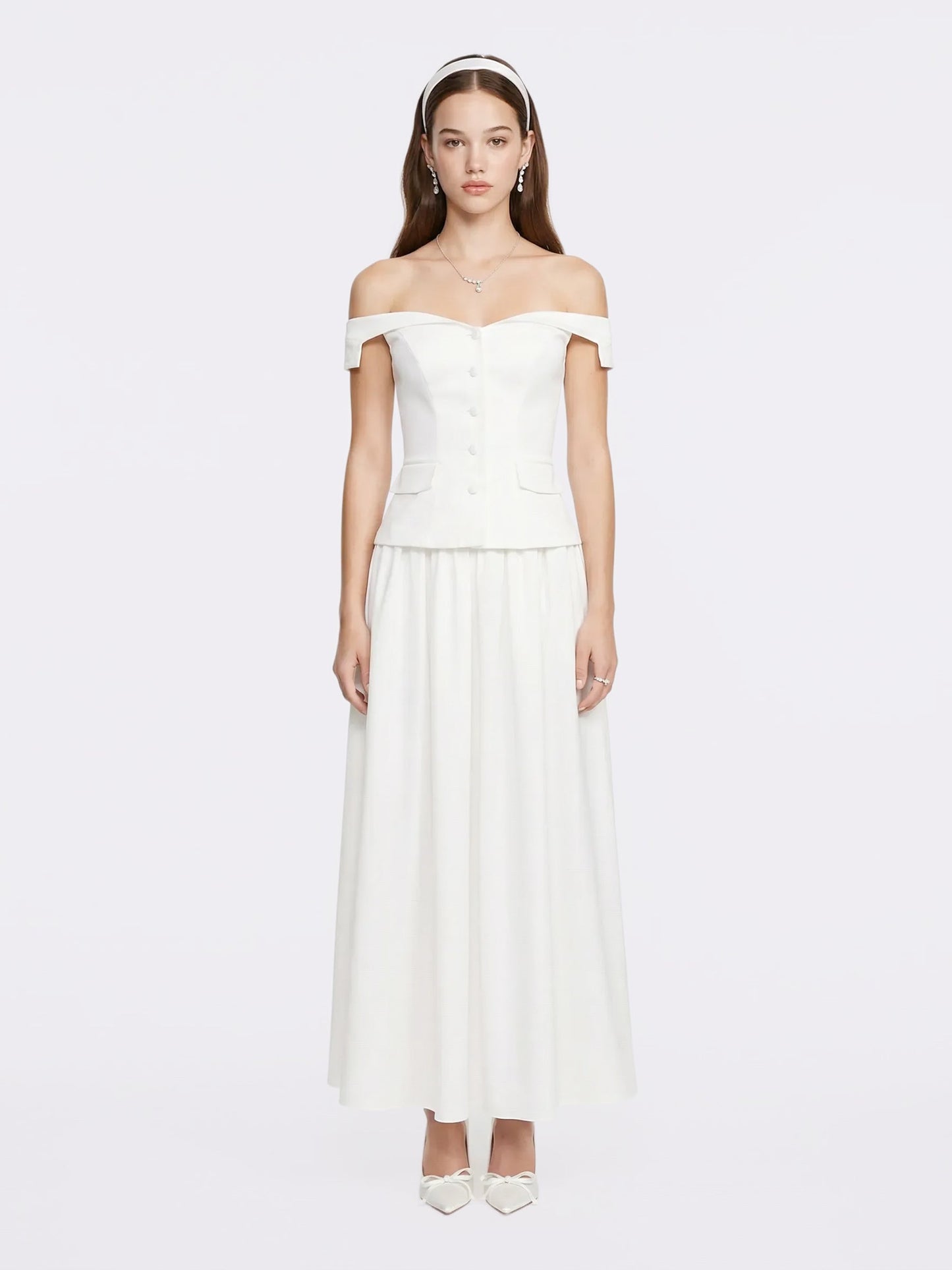 Claudine High-Waist A-Line White Midi Skirt