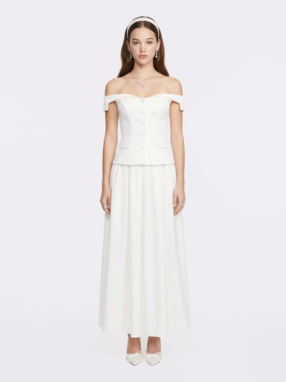 Claudine High-Waist A-Line White Midi Skirt