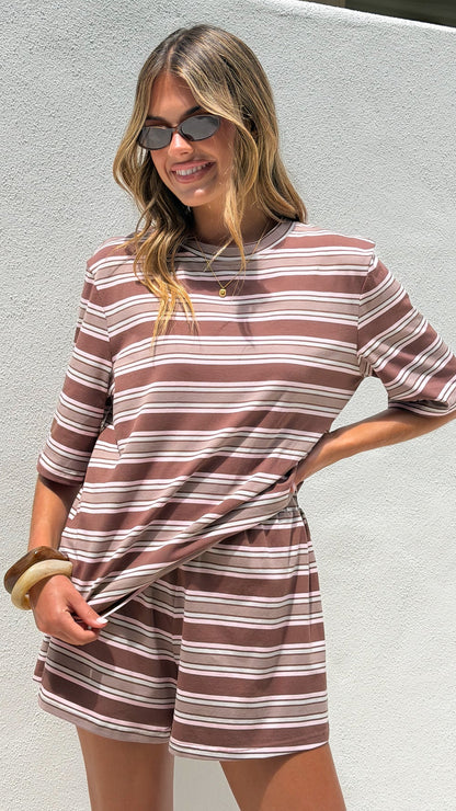 Stevie Crew Neck Tee - Chocolate / Beige Stripe