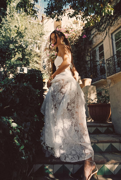 Princesa White Lace Drop Waist Maxi Dress