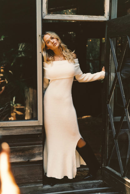 Simone White Off The Shoulder Sweater Maxi Dress