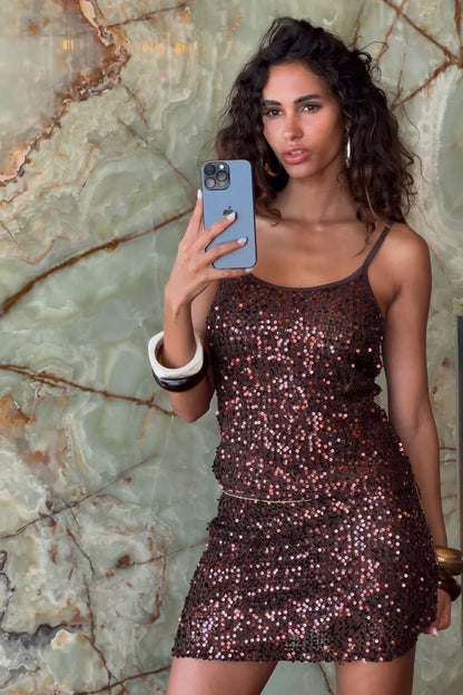 Solea Mocha Sequin Mini Skirt