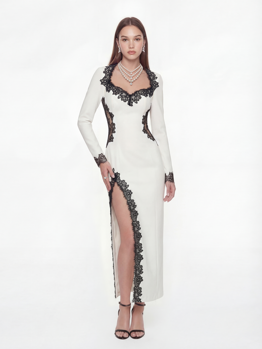 Adriana Lace Trim High-Slit Ivory Acetate Dress