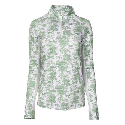 Dapplebay Equestrian Toile 1/4 Zip Light Riding Top - Long Sleeve-Green/White