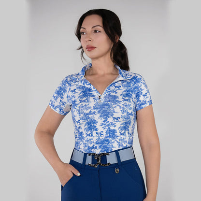Dapplebay Equestrian Toile 1/4 Zip Light Riding Top - Short Sleeve-Blue/White