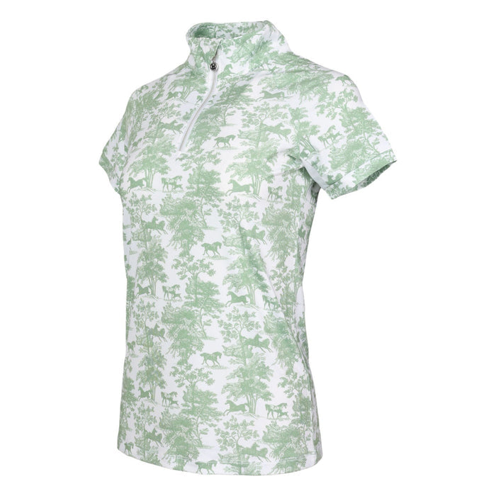 Dapplebay Equestrian Toile 1/4 Zip Light Riding Top - Short Sleeve-Green/White