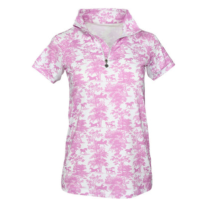 Dapplebay Equestrian Toile 1/4 Zip Light Riding Top - Short Sleeve-Rose/White