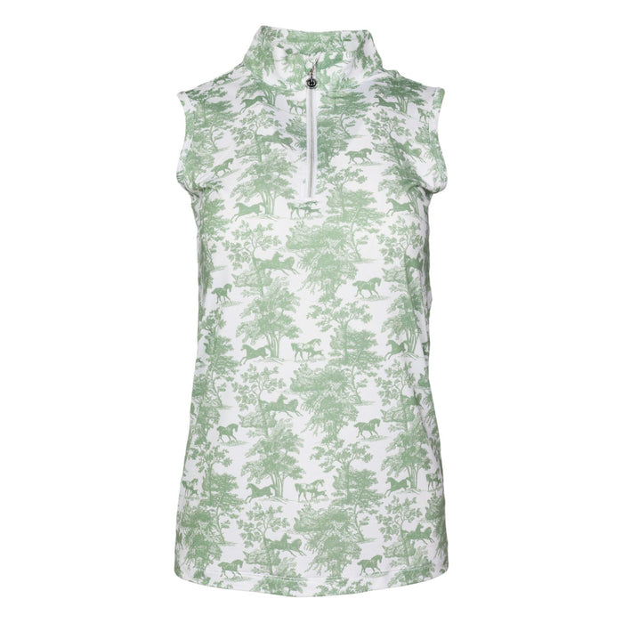 Dapplebay Equestrian Toile 1/4 Zip Light Riding Top - Sleeveless-Green/White
