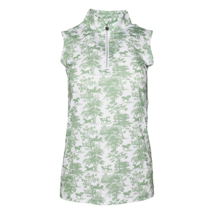 Dapplebay Equestrian Toile 1/4 Zip Light Riding Top - Sleeveless-Green/White