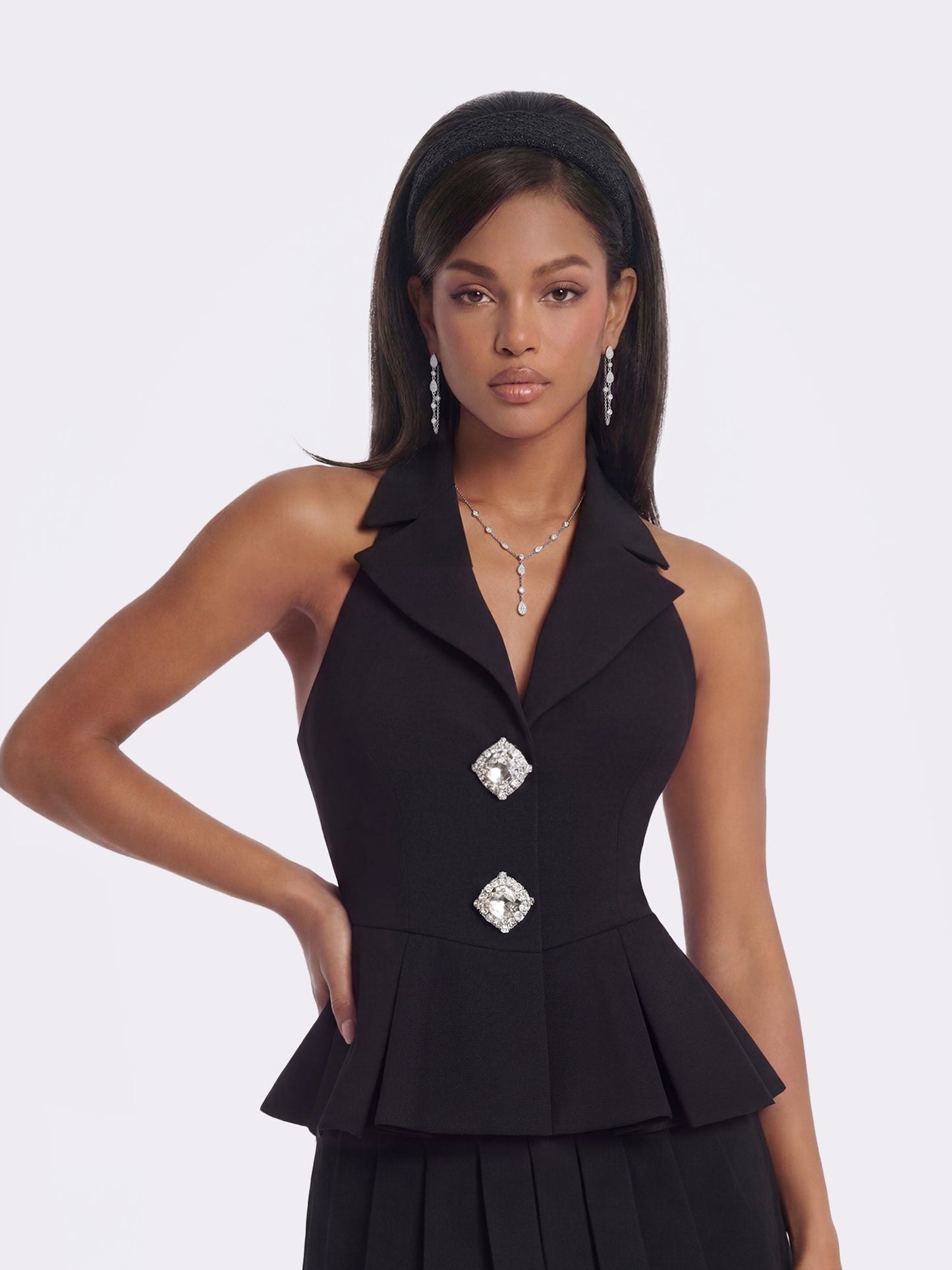 Camille Crystal-Button Black Peplum Vest