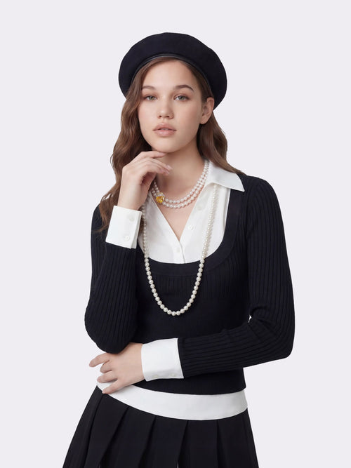 Claudette Contrast Collar Rib Knit Black Top
