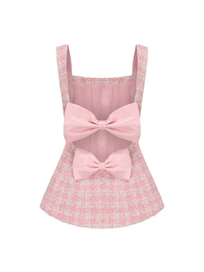 Annabella Textured Woven Pink Checkered Bow Top (Final Sale)
