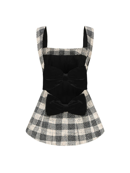 Annabella Textured Woven Black Checkered Bow Top (Final Sale)
