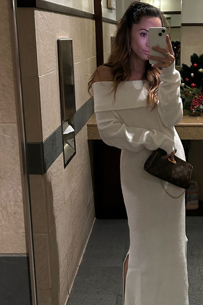 Simone White Off The Shoulder Sweater Maxi Dress